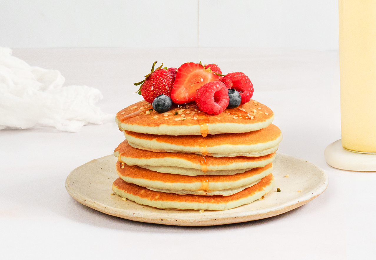 Fluffy Hemp Seed Pancakes Topped with Berries