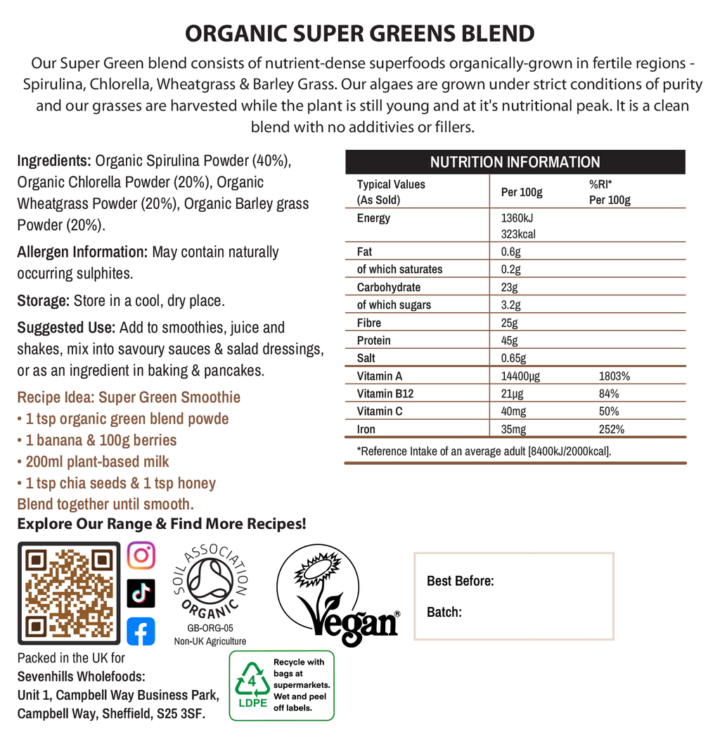 Organic Super Green Blend with Spirulina, Chlorella, Wheatgtass & Barley Grass
