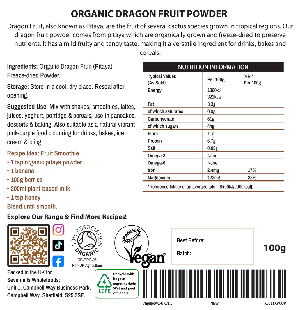 Organic Pitaya (Dragon Fruit) Powder, Freeze Dried
