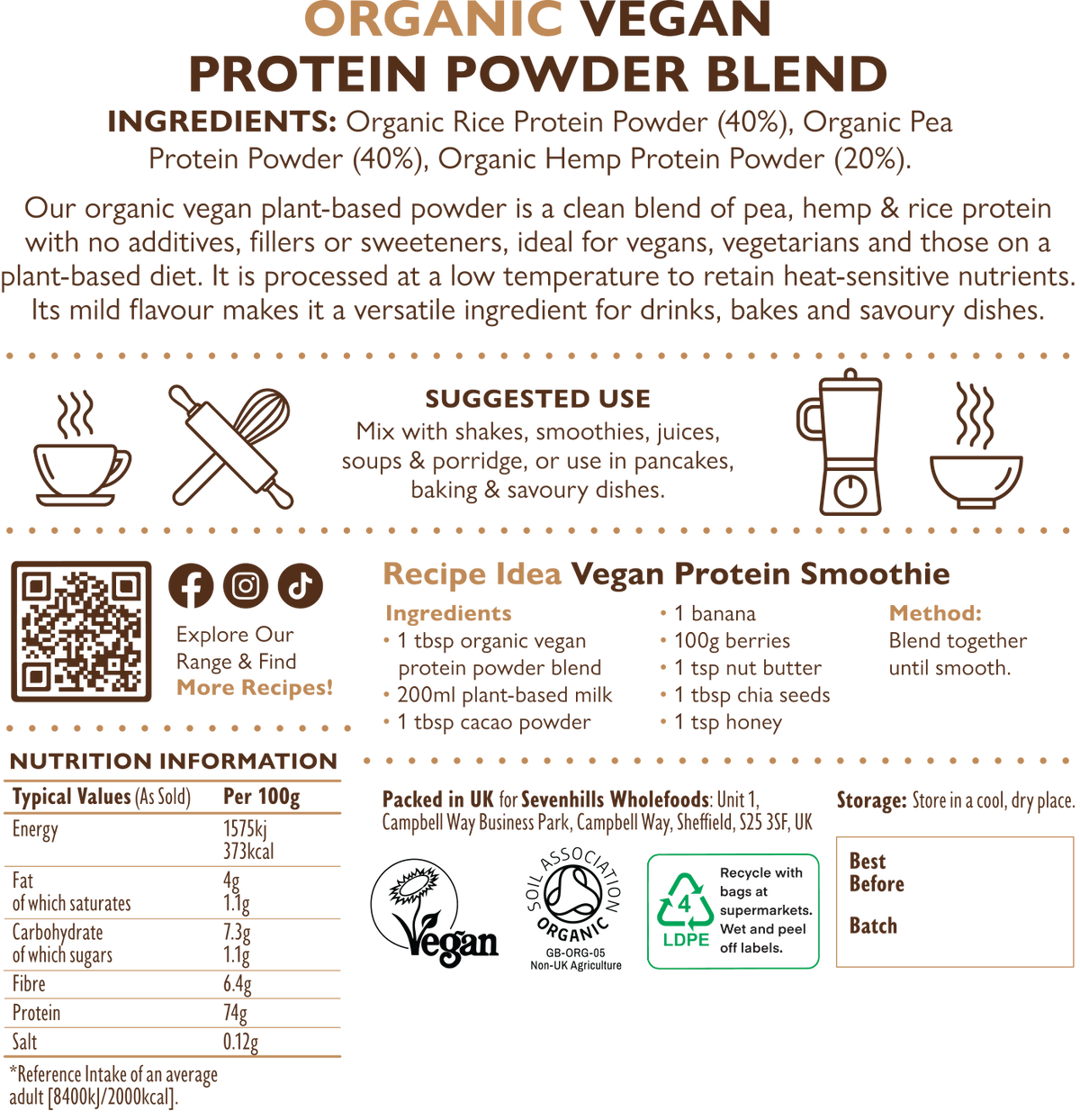 Organic Vegan Protein Blend with Pea, Hemp & Rice