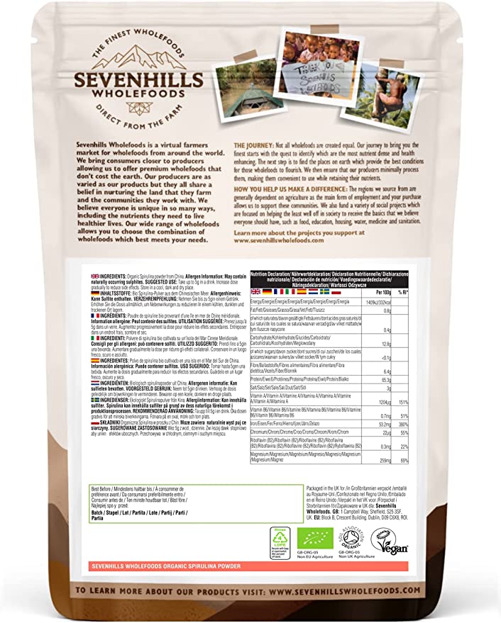 Sevenhills Wholefoods Poudre De Spiruline Bio 200g : : Hygiène et  Santé
